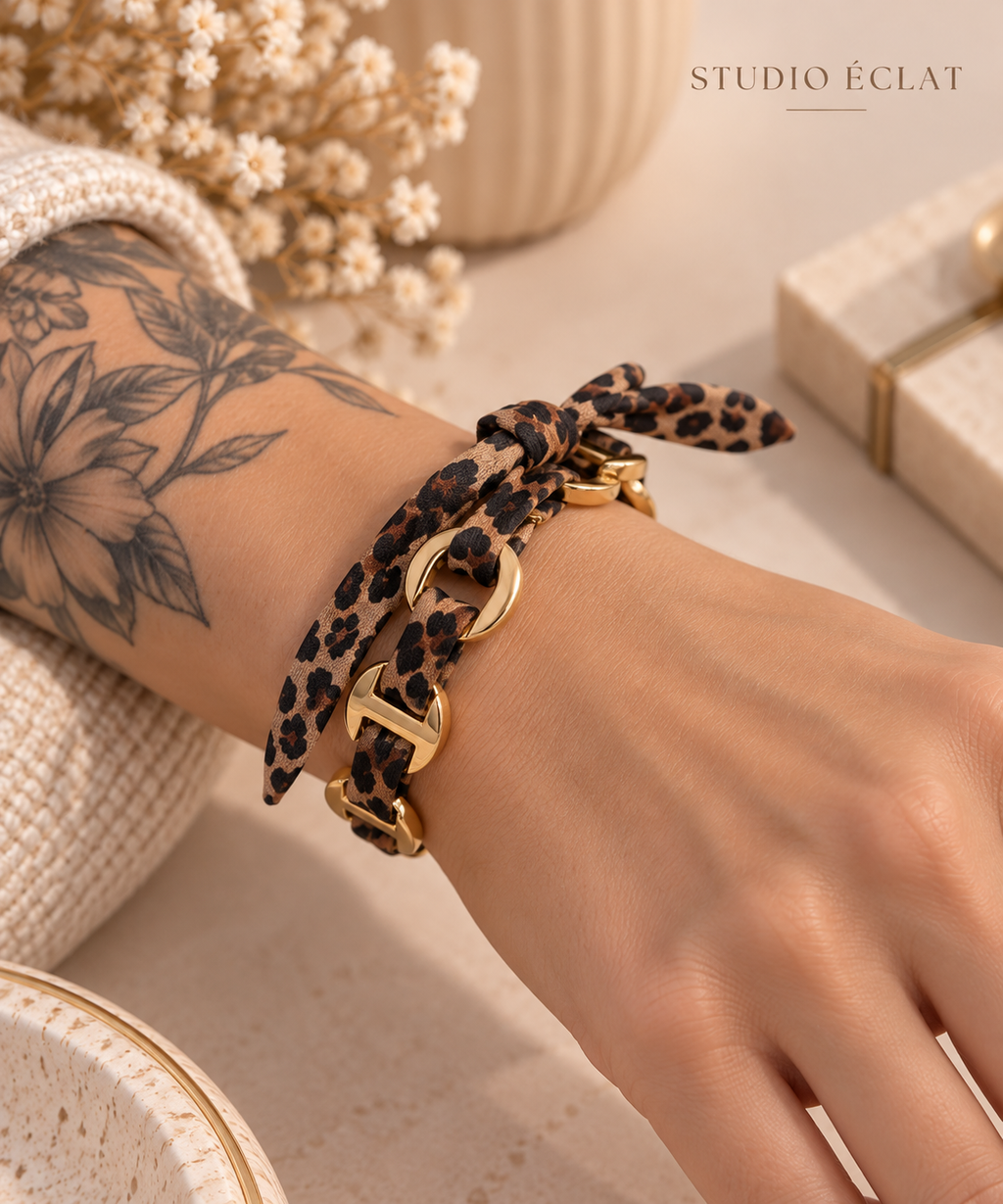 Bracelet Jonc Léopard Doré & Tissu