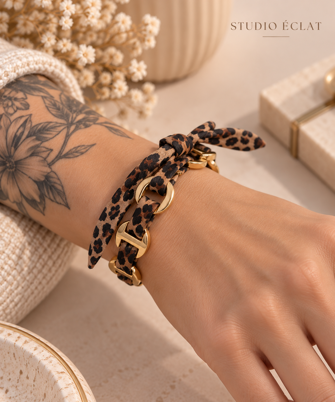 Bracelet Jonc Léopard Doré & Tissu