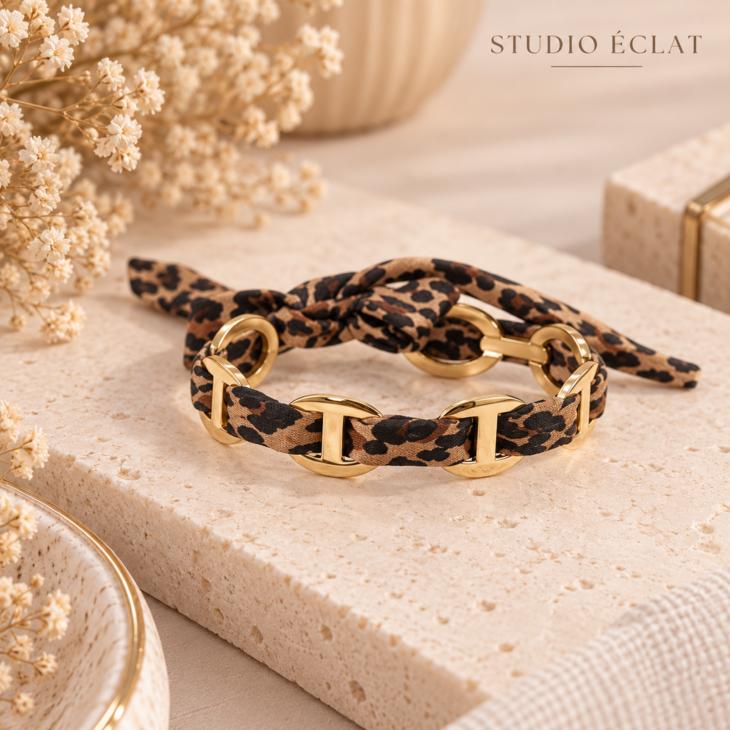 Bracelet Jonc Léopard Doré & Tissu