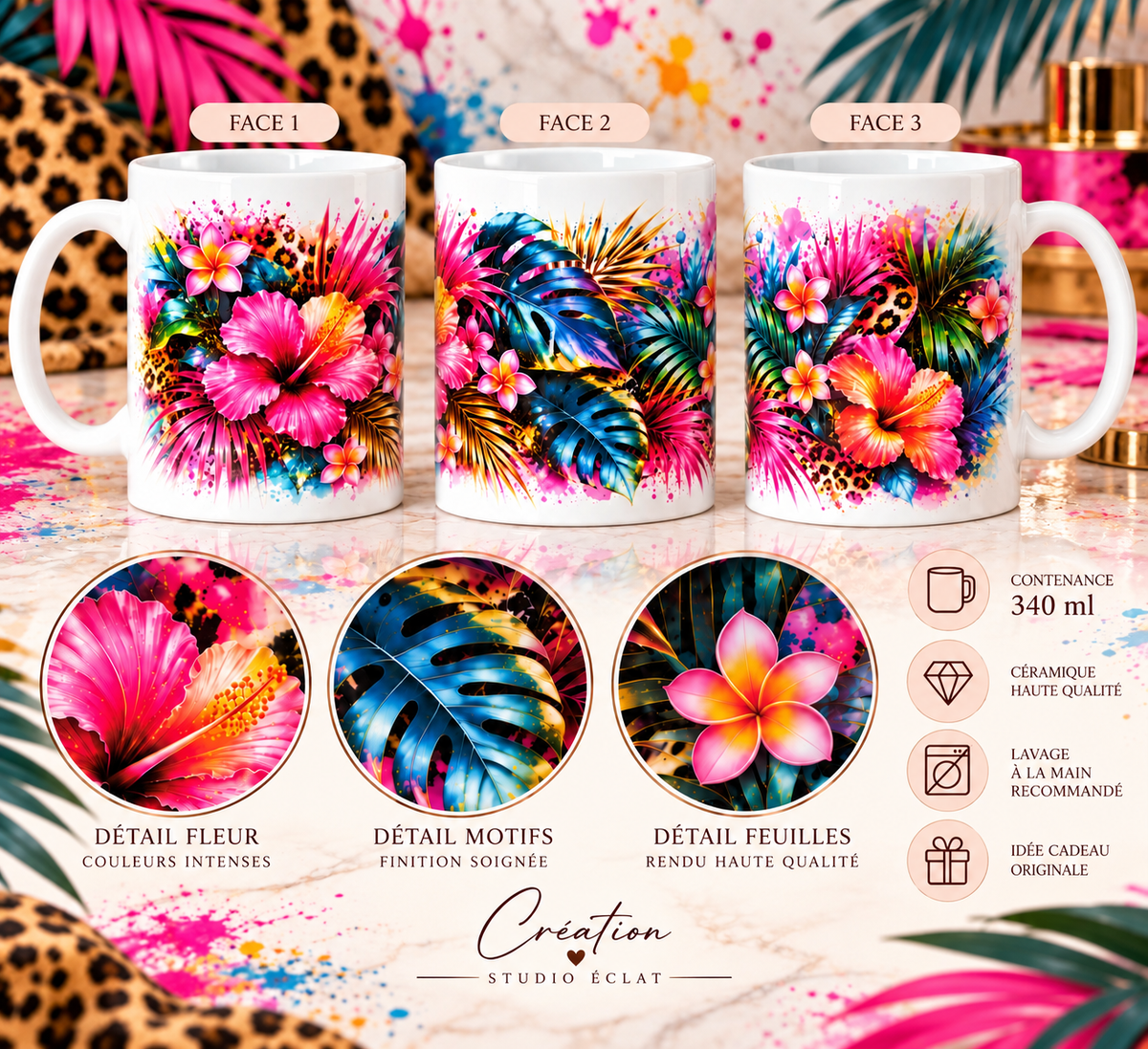 Mug Tropical Éclat - Fleurs Exotiques & Léopard 340ml